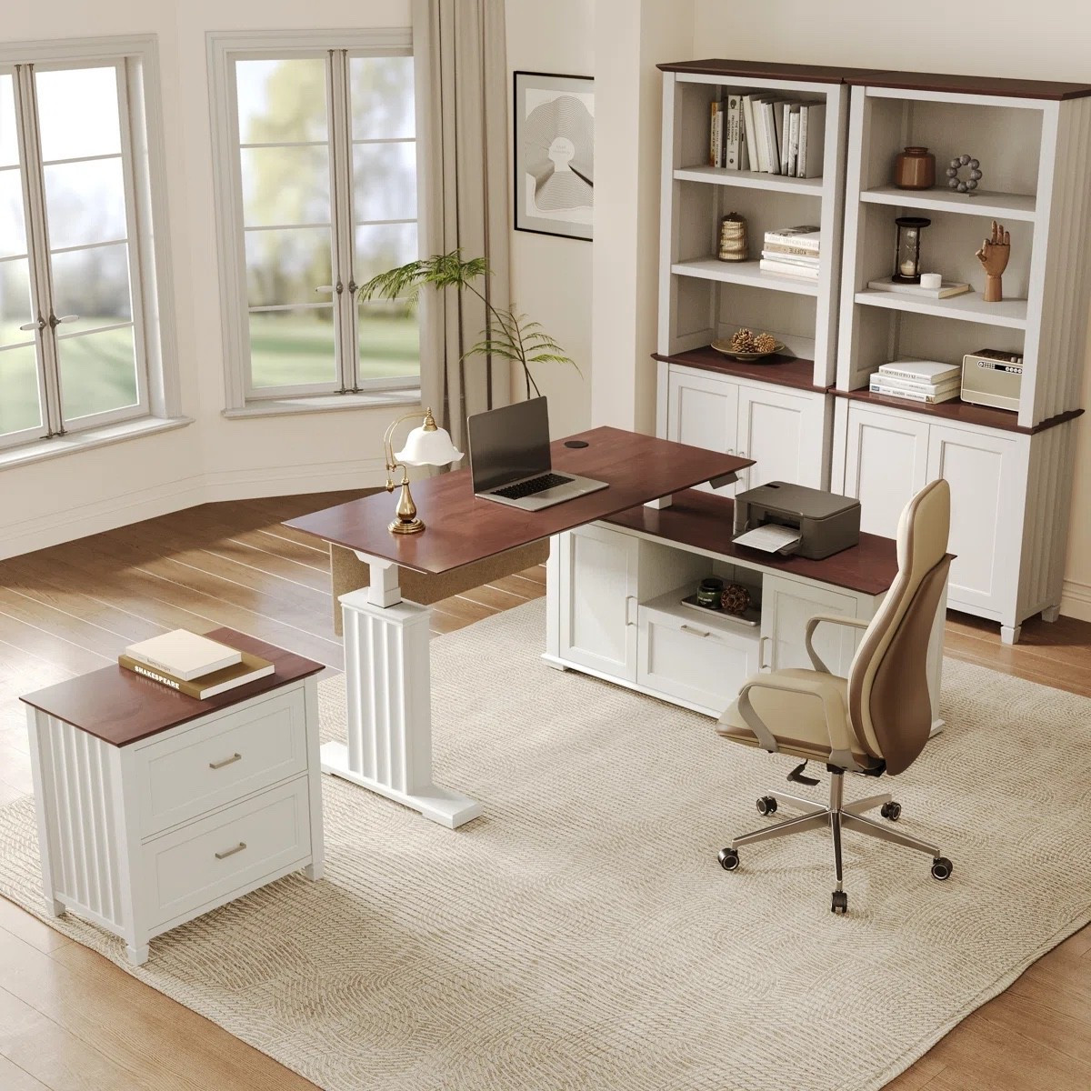 This all-in-one office furniture set makes creating a stylish and functional workspace so easy. It includes an L-shaped desk, bookshelf, and filing cabinet—perfect for staying organized while keeping everything cohesive. The wood and white finish gives it a clean, elevated look that works in any home office. Currently on sale for 12% off, making it a great investment for your space. 