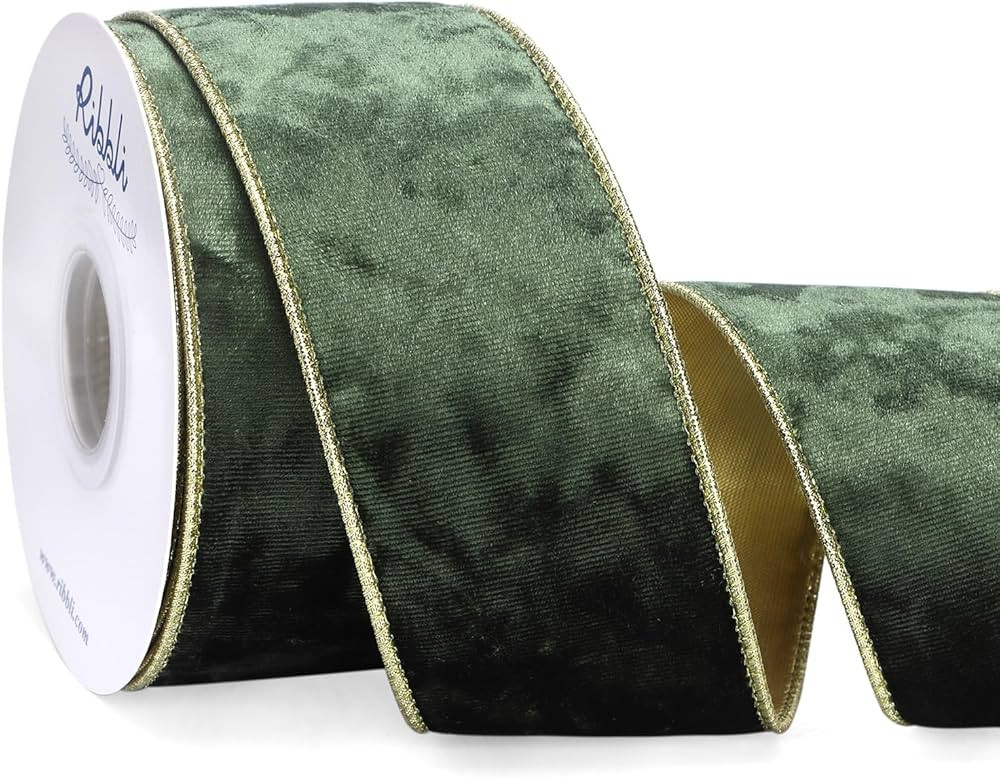 Ribbli Moss Green Velvet Wired Ribbon 2.5 Inch Metallic Moss Gold Crushed Velvet Christmas Ribbon... | Amazon (US)