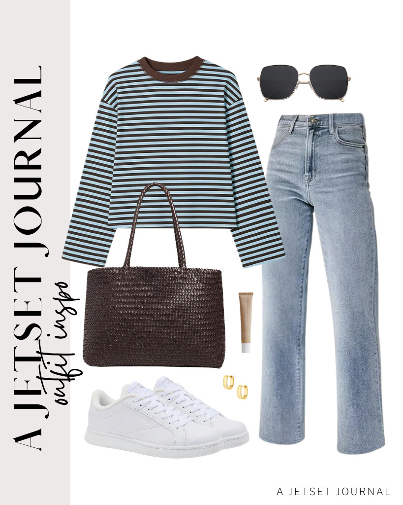 You can wear this striped long-sleeve tee with light-wash jeans from KDF. Style it with Reebok Shadoray sneakers and this stylish leather tote from Madewell. Remember to wear these small chunky hoop earrings and apply Summer Fridays Lip Butter Balm, too! 

 #LTKSeasonal #LTKSaleAlert #LTKTravel