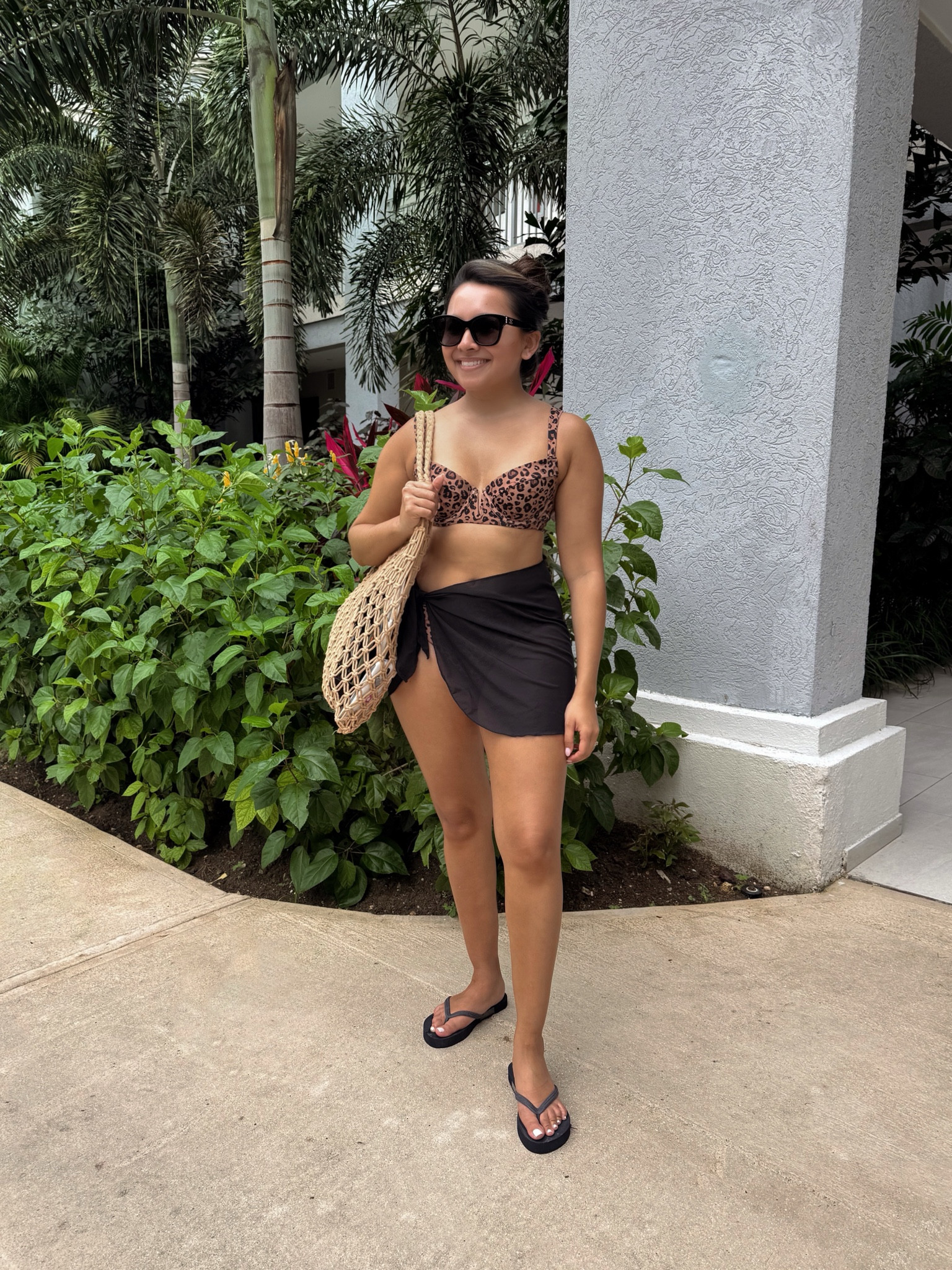 Leopard  print swimsuit top size 32b TTS 
Leopard  print swimsuit bottoms size small TTS 
Black coverup size small TTS
Black flip flops size 6 TTS

Swimsuit
Vacation
Petite
Pear shape
Pool
Beach 


#LTKStyleTip #LTKSwim #LTKFindsUnder50