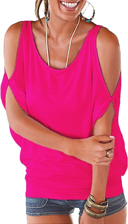 Womens Summer Cold Shoulder Tops Short Sleeve T Shirts Pullover Casual Dolman Blouses | Amazon (US)