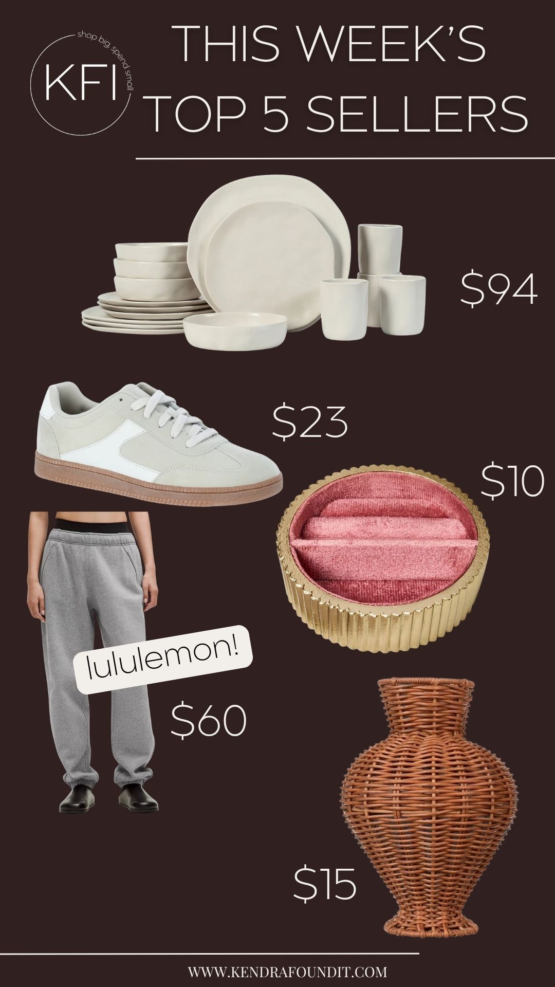 This week’s top 5 bestsellers are GOOD. These $23 Walmart sneakers are the ultimate Adidas Sambas dupe, and the $94 stoneware Wayfair dish set gives major designer vibes without the price tag. That $10 scalloped velvet jewelry holder from Target is a perfect little gift, and the $15 Walmart wicker vase looks like something you'd find at Anthropologie or Serena and Lily. And of course, these $60 Lululemon sale sweatpants are back at the top—because comfort never goes out of style. Everything’s linked for you!

#LTKSaleAlert #LTKHome #LTKStyleTip