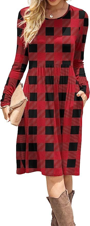 DB MOON Women Casual Long Sleeve Dresses Empire Waist Loose Dress with Pockets | Amazon (US)