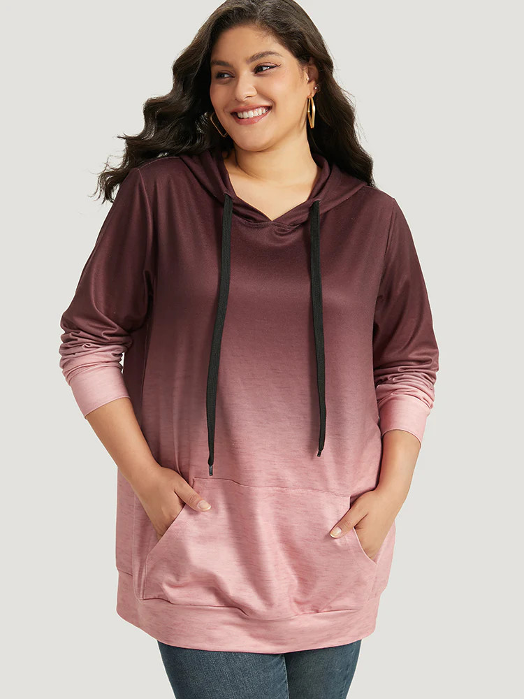 Ombre Pocket Drawstring Hooded Sweatshirt | Bloomchic