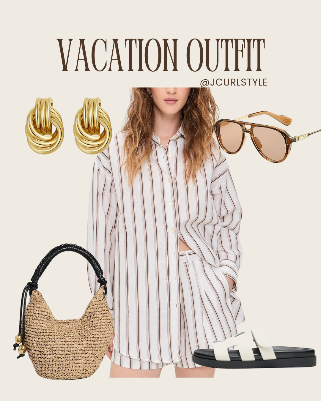 This beautiful spring outfit is perfect o wear on vacation, for brunch with friends, or just for running errands. Pairs well with neutral accessories, love the flat sandals - shorts, raffia bag, dad sandals, shirt and shorts set, knot earrings, sunglasses, easy outfit, casual chic style

#casualchicstyle #vacationoutfit #springoutfit 

 #LTKSpringSale #LTKootd #LTKTravel
