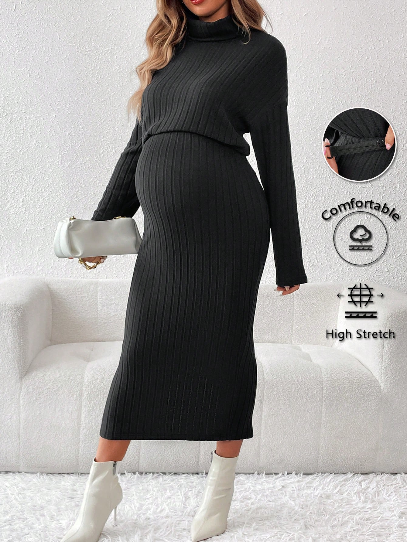 SHEIN Maternity Clothes Two-Piece Suit, Includes Stand Collar Long Sleeve Top And Knit Skirt | SHEIN