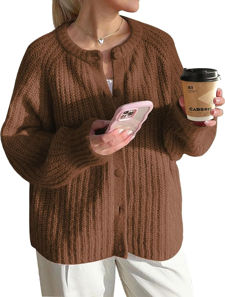 Alljoin Women's Cardigan Sweaters Open Front Button Down Casual Long Sleeve Crewneck Chunky Knit ... | Amazon (CA)