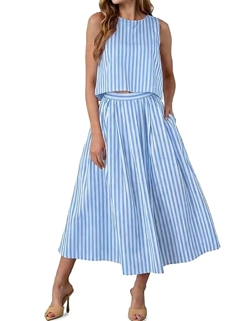 Womens 2 Piece Skirt Sets Summer Striped Sleeveless Tank Tops Midi Dress Vacation Outfits Matchin... | Walmart (US)