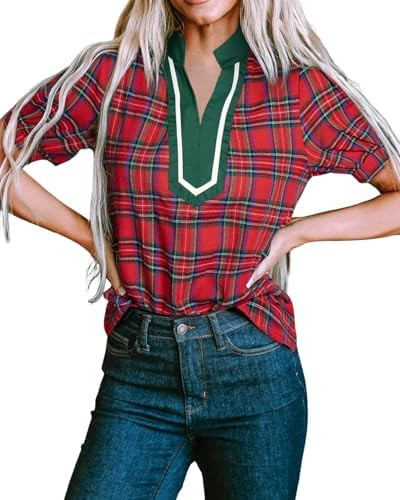 KevaMolly Womens Halloween Christmas T Shirts Plaid Pearl Ruffle Short Sleeve Loose T Shirt Casua... | Amazon (US)