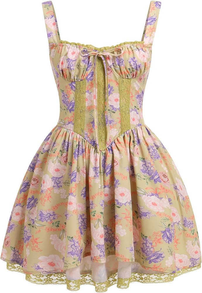 Women Corset Dress Floral Mini Dress Sexy Spaghetti Straps Low Cut Lace Short Dress Ruffle Summer... | Amazon (US)