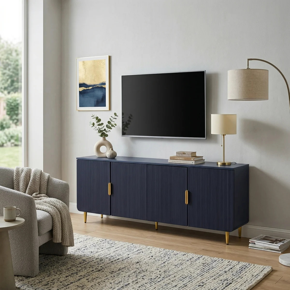 64.8" Navy Blue Fluted TV Stand with Gold Handles, Modern Media Console with Storage for TVs up t... | Wayfair North America