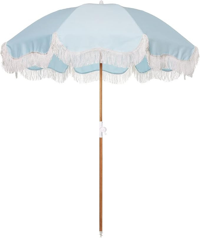 Business & Pleasure Co. Holiday Umbrella - Boho Beach Umbrella with White Fringe, UPF 50+, 1" Til... | Amazon (US)