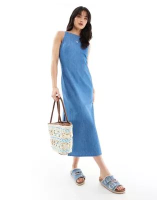ASOS DESIGN soft denim midi dress with boat neck and side slit in mid wash blue | ASOS (Global)