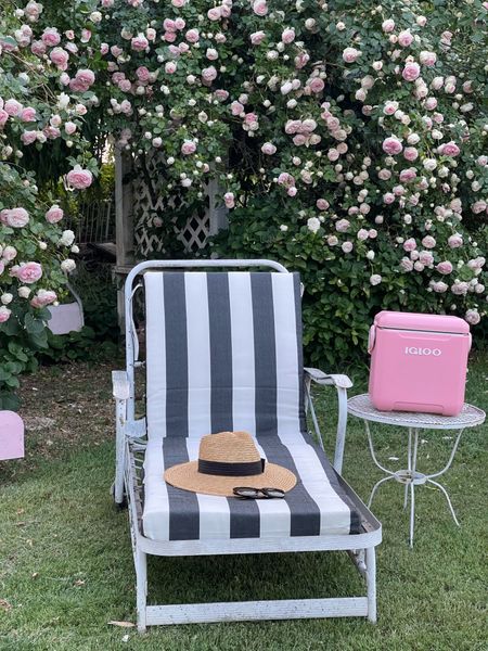 Outdoor decor. Patio decor. Outdoor essentials. Vintage chic. Classic outdoor cushion. Black and white stripe chaise lounge cushion. Pink cooler. Amazon finds. Amazon home. Pink rose bush. Garden essentials. Mother’s Day gift. 💖🌸 

#LTKhome #LTKfindsunder100 #LTKSeasonal