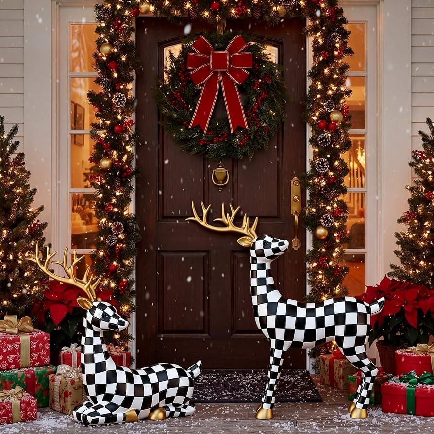 Yookeer 2 Pcs Large Black and White Grid Rattan Deer Figurines | Amazon (US)