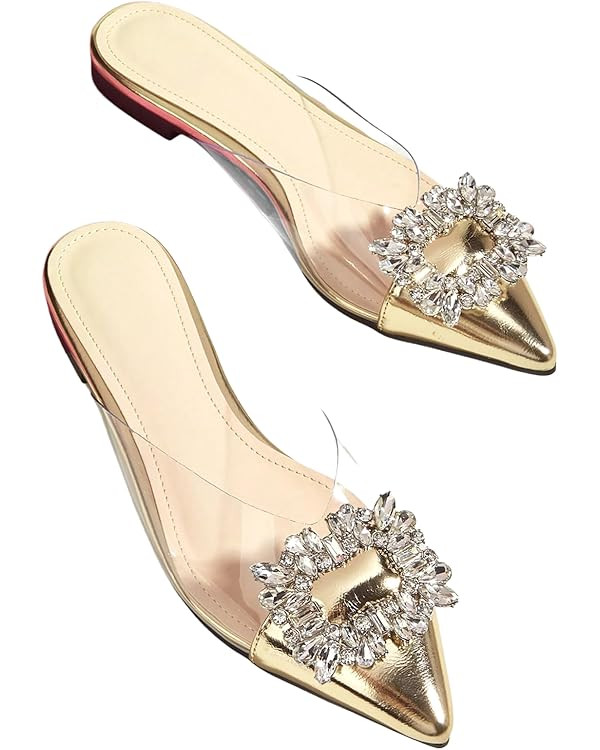 Floerns Women's Rhinestone Transparent Closed Pointed Toe Backless Mules Flat | Amazon (US)