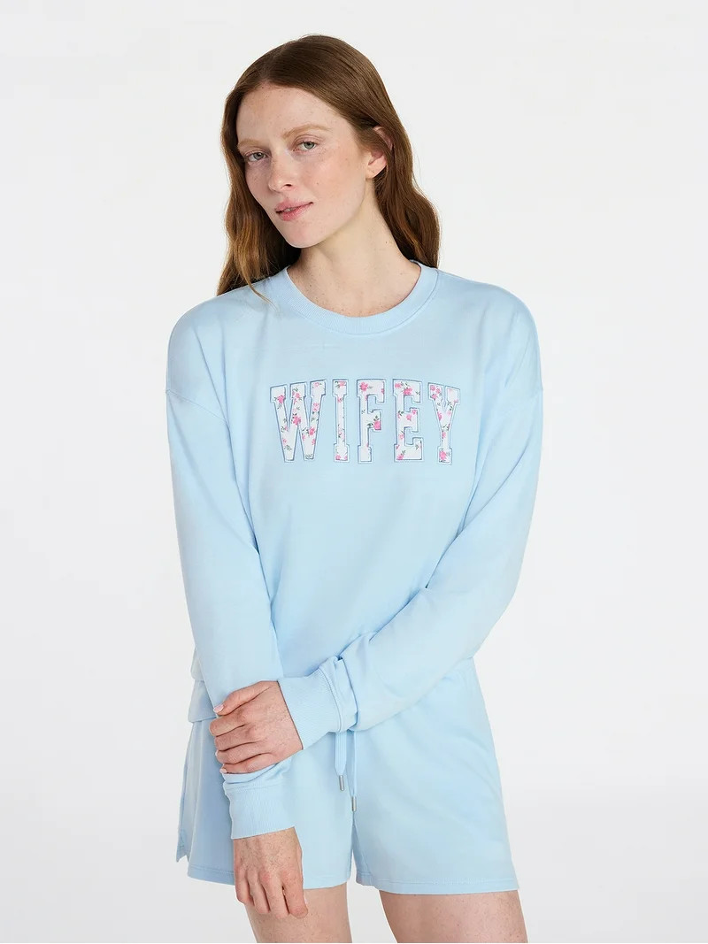 Joyspun Women's Bridal French Terry Knit Long Sleeve Top and Shorts Pajamas Set, Sizes XS-3X | Walmart (US)