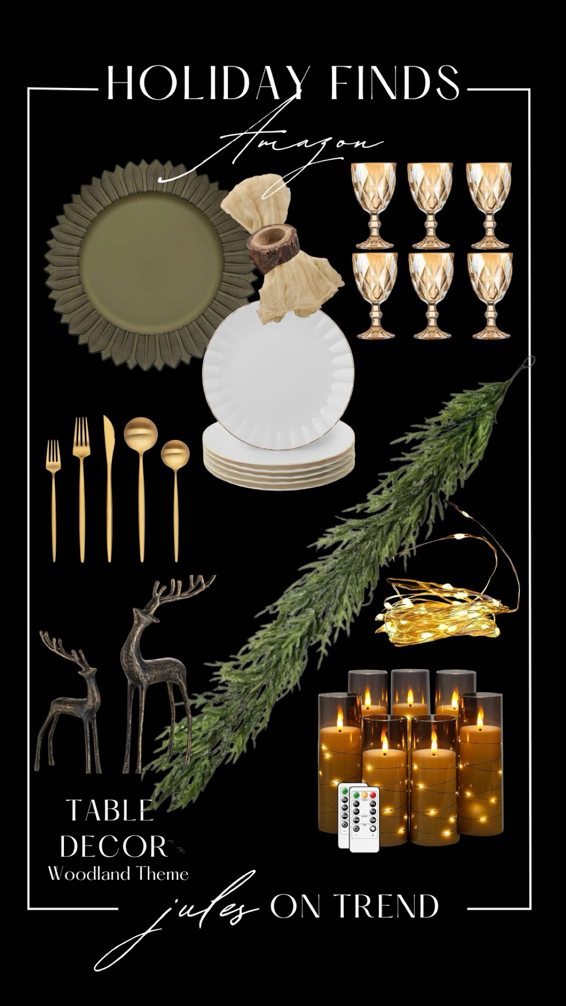 Amazon Tablescape Idea!

Easy Tablescape for holiday dinners or parties. Woodland theme if you’re not wanting traditional green and red this year. Perfect mix of rustic and feminine. Style this over a wooden table or with a brown tablecloth to make it all come together.

#LTKHome #LTKSeasonal #LTKHoliday