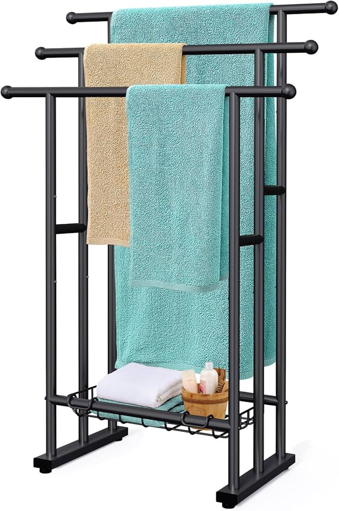 Kayfia 40" H Free Standing Towel Rack, 3 Tier Alloy Steel Stand with Basket, Blanket Drying and D... | Amazon (US)