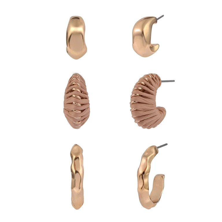 Time and Tru Women's Gold-Tone Hammered Metal and Wrapped Brown Raffia Multi Hoop Earring Set, 3-... | Walmart (US)