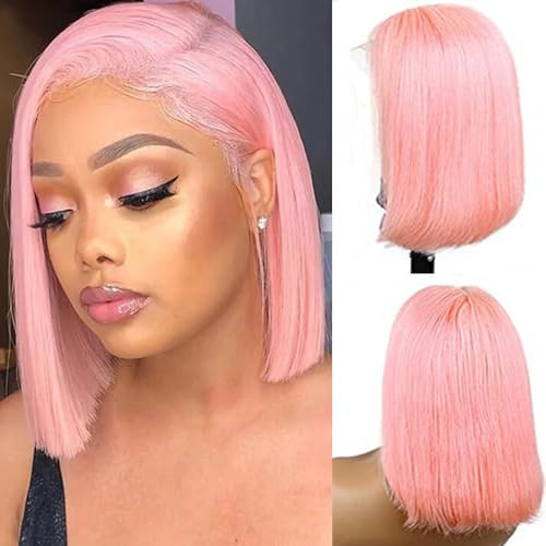 13x4 Lace Front Pink Bob Wigs 16 Inch Human Hair Silky Straight HD Transparent Lace Bob Wigs for Women 180% Density Middle Part Pink Virgin Hair Bleached Knots with Baby Hair Pre Plucked Pink Bob Wigs | Amazon (US)