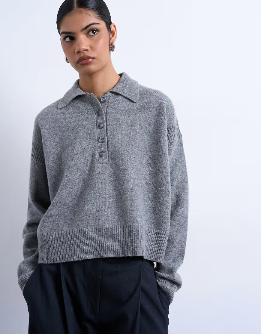 Topshop knitted premium 100% lambswool polo jumper in grey | ASOS (Global)
