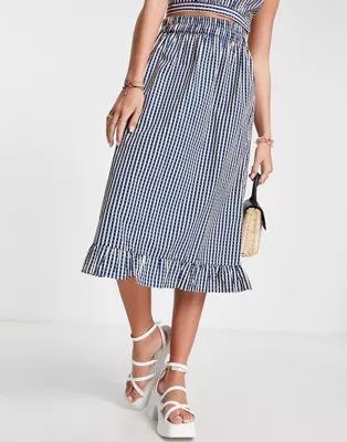 Pieces shirred waist ruffle hem midi skirt in navy & white check - part of a set | ASOS (Global)