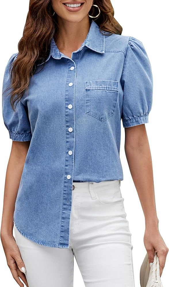 BMJL Womens Denim Shirt Business Casual Button Down Work Blouses Puff Sleeve Summer Tops | Amazon (US)