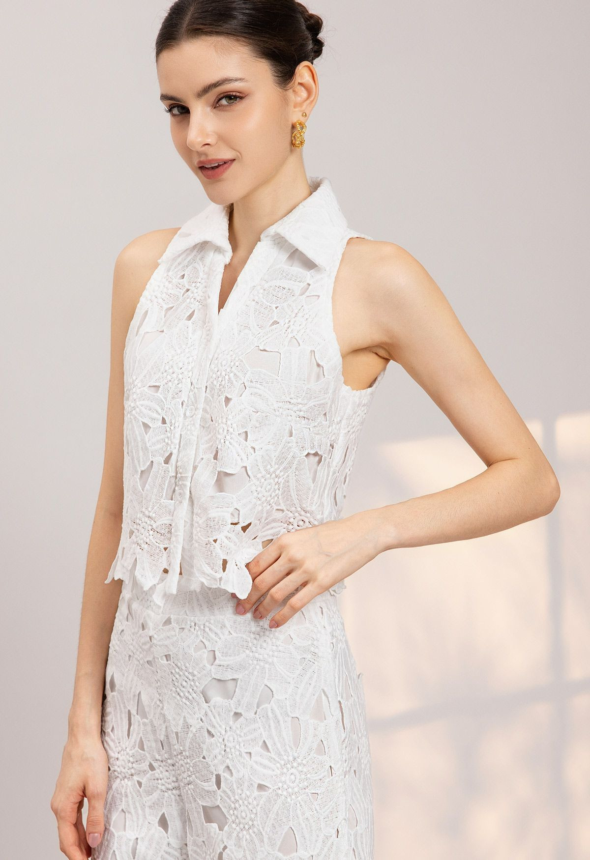 Guipure Lace Collar Crop Top and Pants Set in White for Tropical Vacations & Beach Getaways | Chicwish