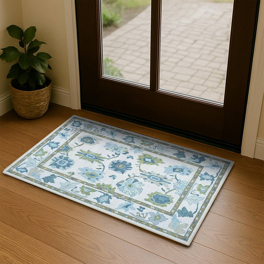 Green Oushak Rug, Modern Small Rugs, Vintage, Turkish, Eclectic, Floral, Pastel, Washable, Door M... | Amazon (US)