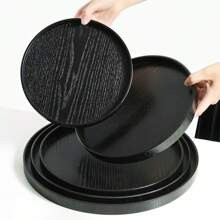 pc Black Wooden Round Tray For Food Cakes Salad Fruits Sushi Beverages Steaks Pizza Grain Texture Matte Finish Serving Platter For Cafes Homes Dessert | SHEIN