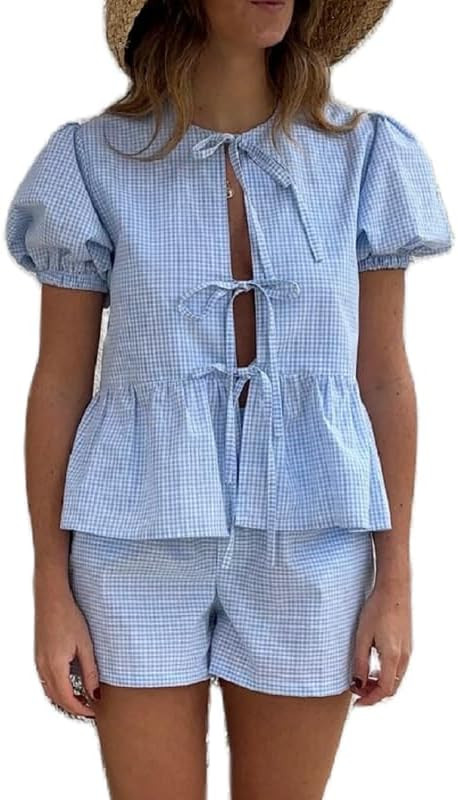 Argeousgor Women's Y2k 2 Piece Pajamas Set Puff Sleeve Peplum Tie Front Top and Shorts Plaid Loun... | Amazon (US)