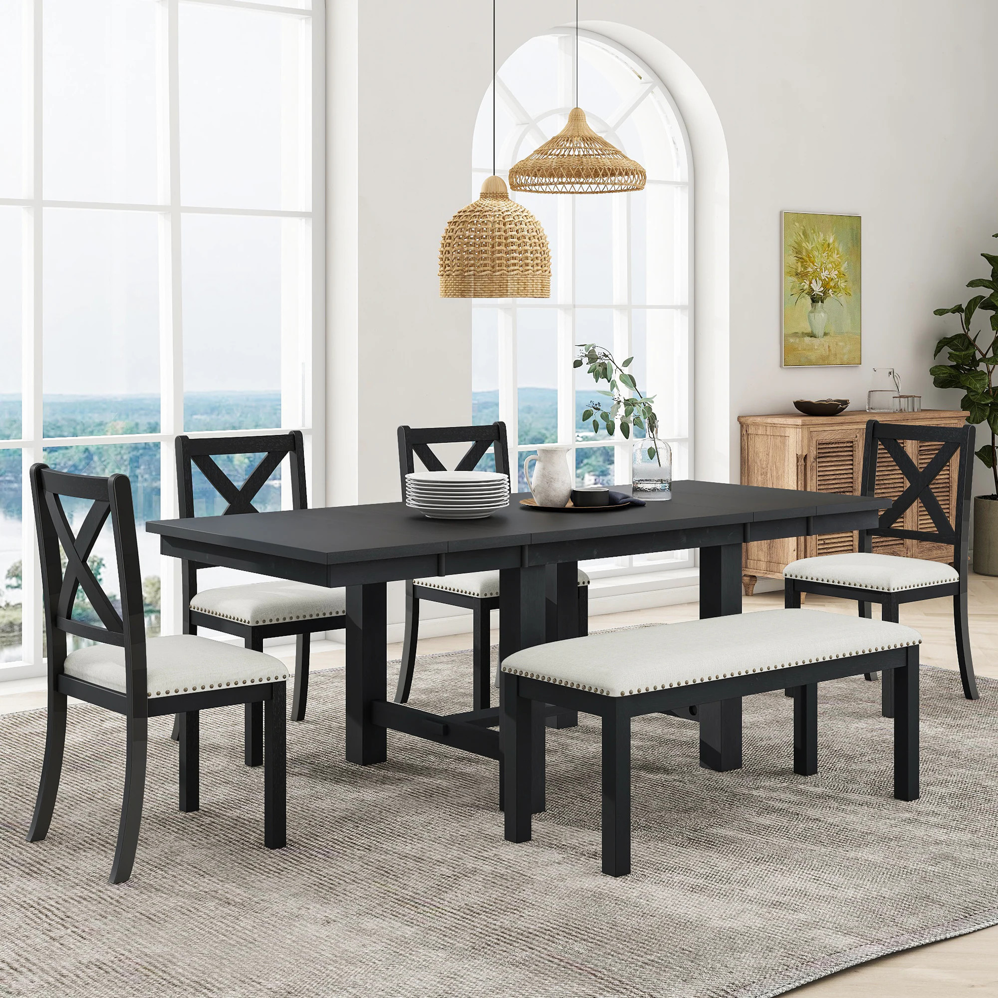 ModernLuxe Assembly Required Farmhouse 82inch 6Piece Extendable Dining Table with Footrest4 Upholstered Dining Chairs and Dining BenchTwo | Lowe's
