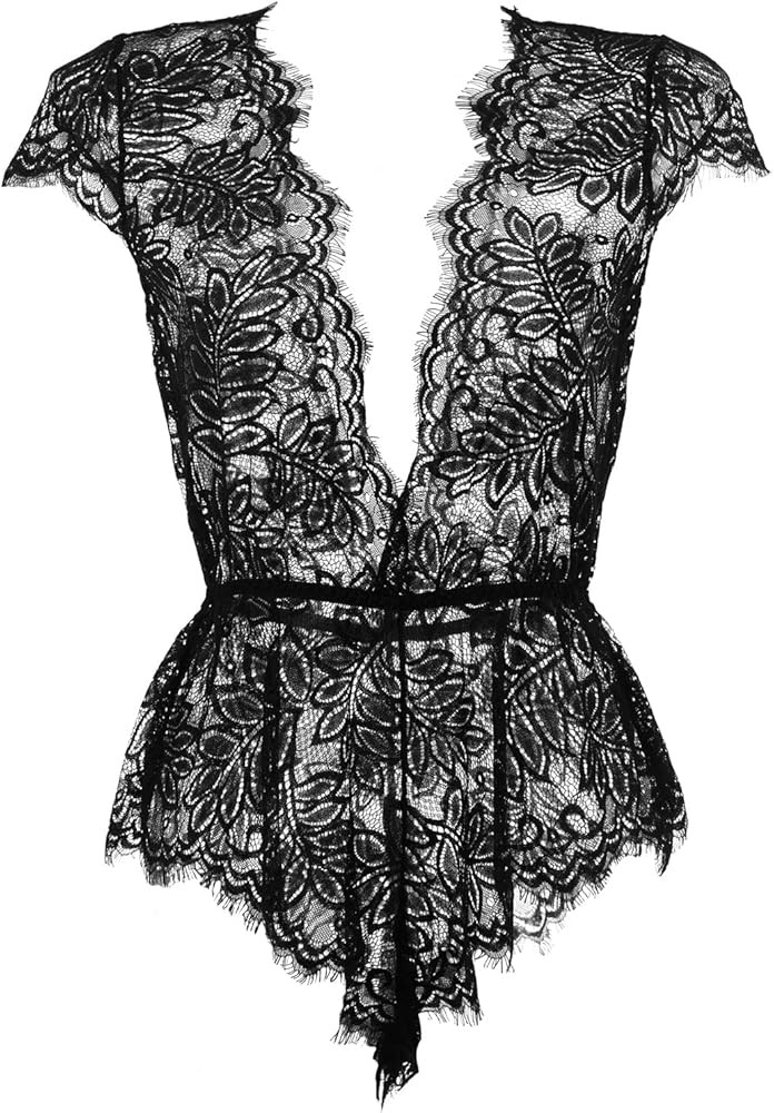 Womens Lingerie V-Neck Lace Bodysuit Mini Babydoll Featuring Plunging Eyelash Size XS-XXL | Amazon (US)