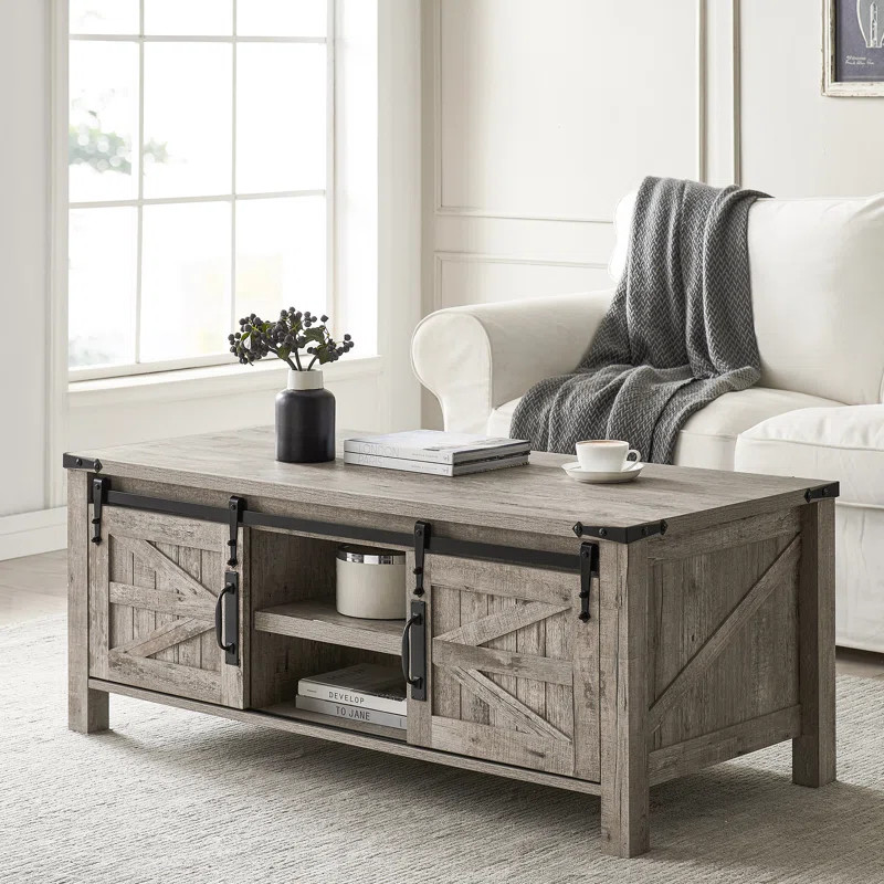 Farmhouse 48" Coffee Table with Sliding Barn Door and Adjustable Shelf | Wayfair North America