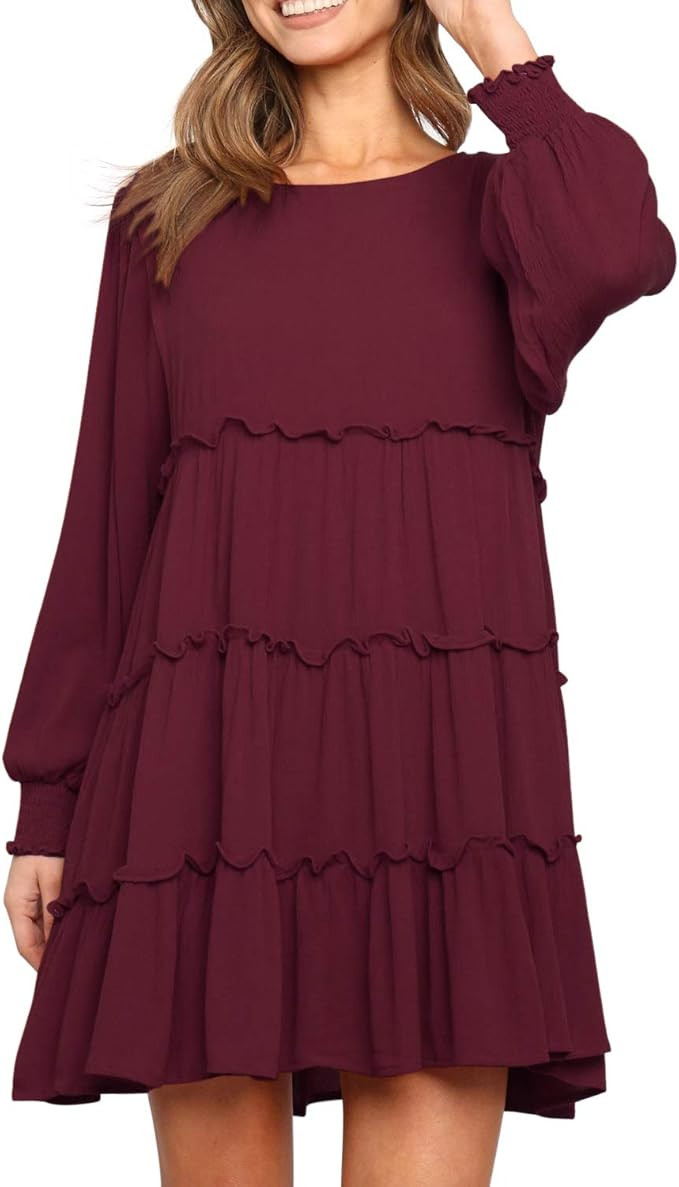 R.Vivimos Women's Fall Cotton Long Sleeves Ruffled Casual Loose Swing Flowy Tunic Mini Dress | Amazon (US)
