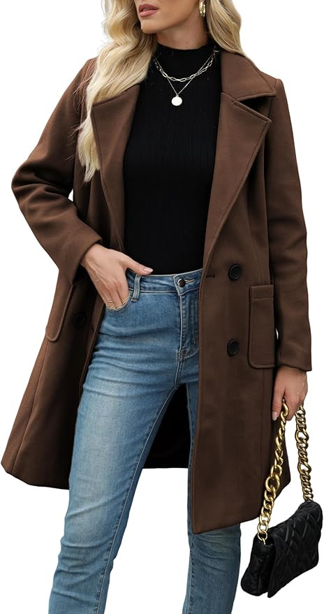 Bankeng Women Winter Wool Blend Camel Mid-Long Coat Notch Double-Breasted Lapel Jacket Outwear | Amazon (US)