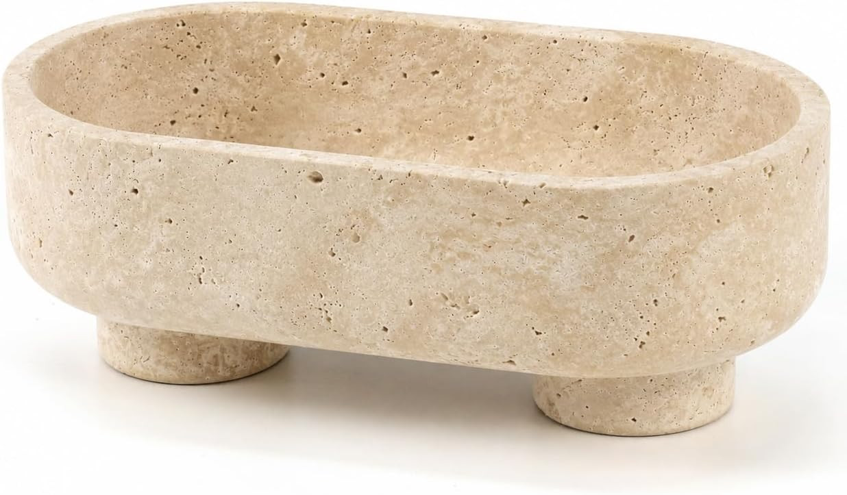 Natural Oval Travertine Stone Fruit Bowl, Two-Legged Decorative Bowl Beige | Amazon (US)