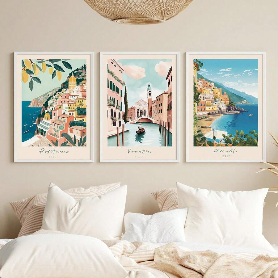 Set Of 3 Italy Blue Coast Travel Landscape Canvas Wall Art Prints, Travel Landscapes Gallery Prin... | SHEIN