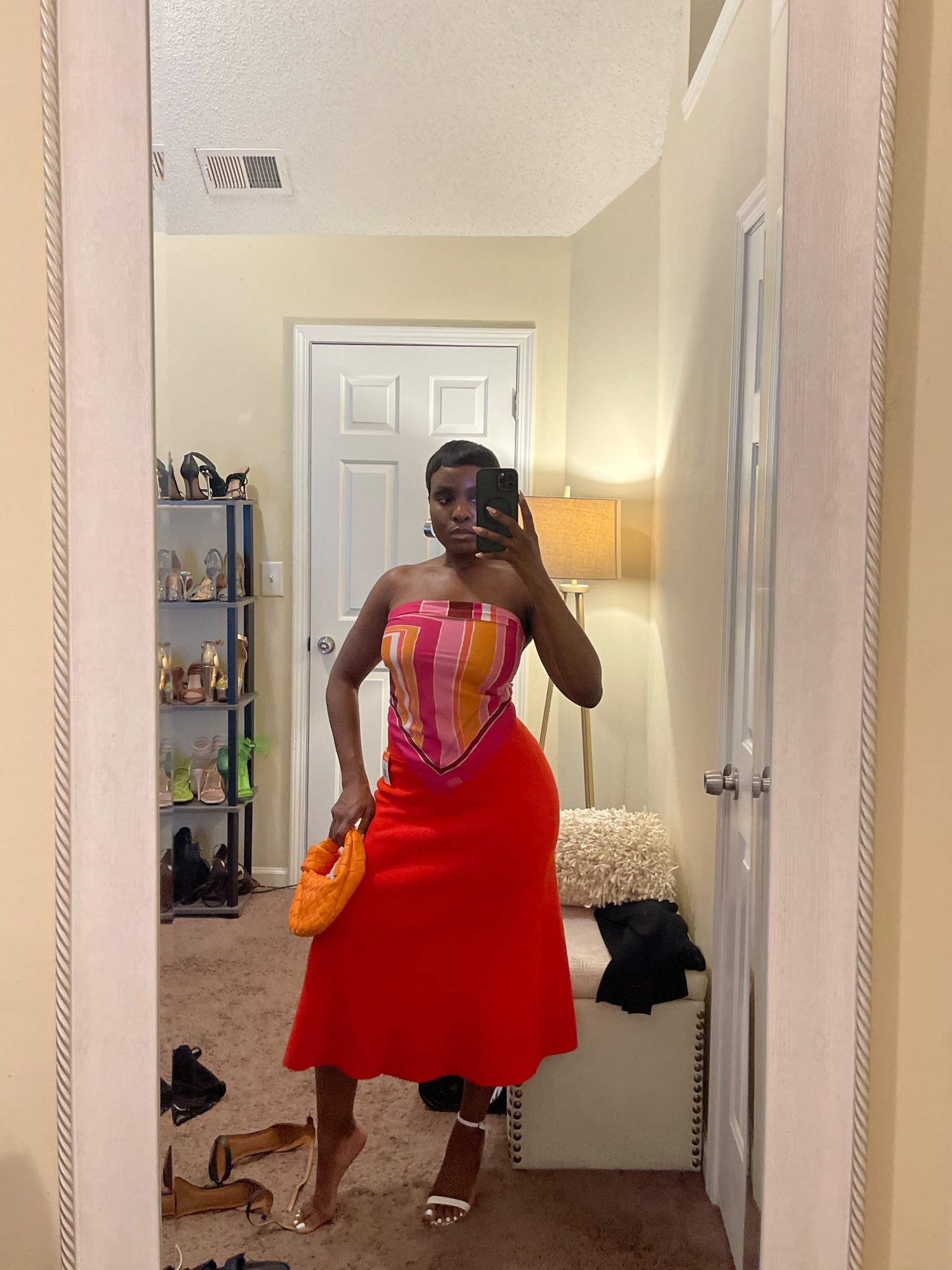 Orange outfit idea, orange midi maxi skirt, pink and orange summer fashion, pucci inspired scarf, Trina Turk, orange purse

#LTKSummerEdit #LTKStyleTip