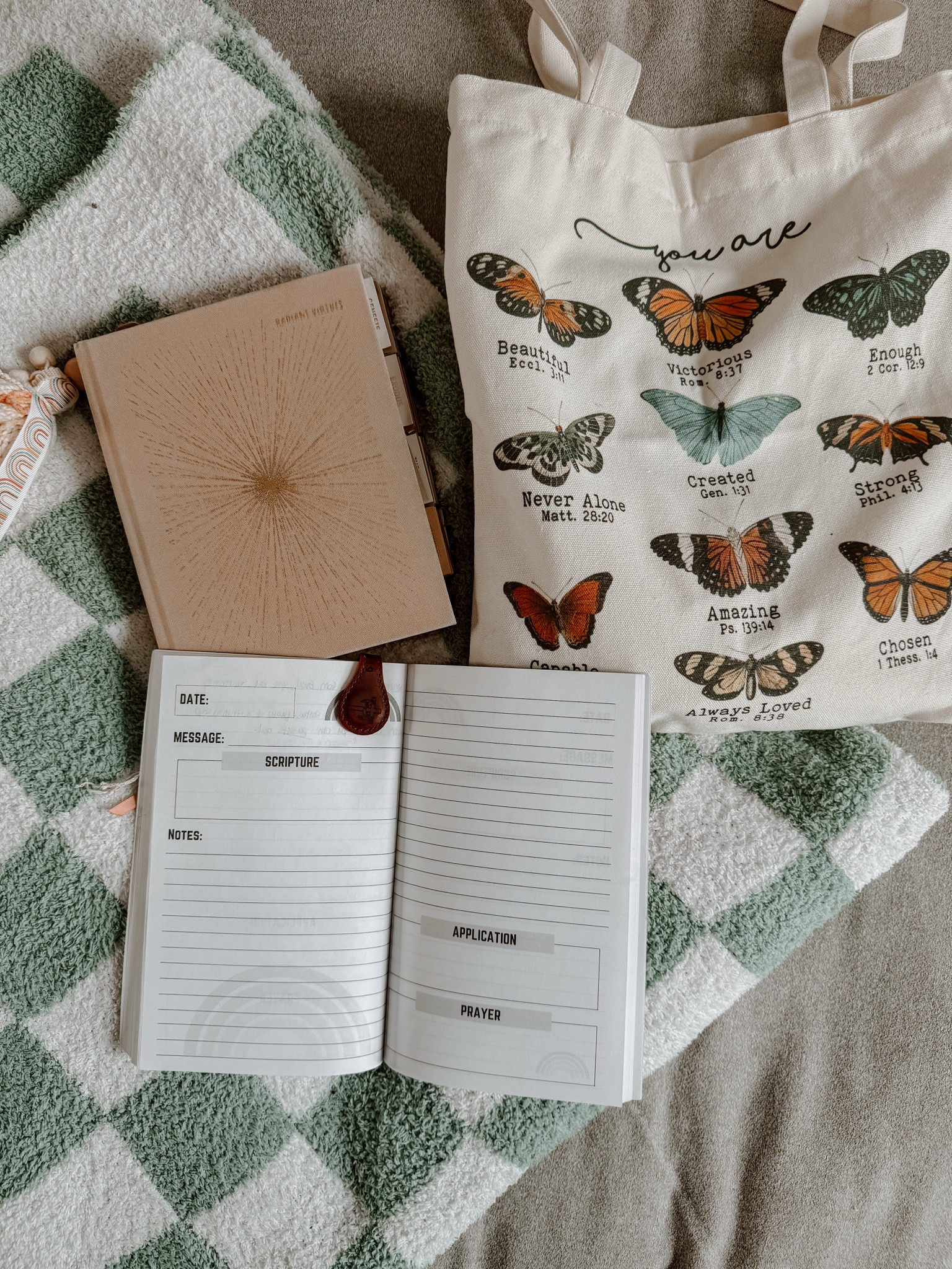 My Sunday church Bible set up! My boho Bible church things. Super cute Bible with cute pages. Boho Bible tassel. Cute sermon notebook for church Sunday and my butterfly Bible tote bag! 

#LTKHome #LTKGiftGuide #LTKU