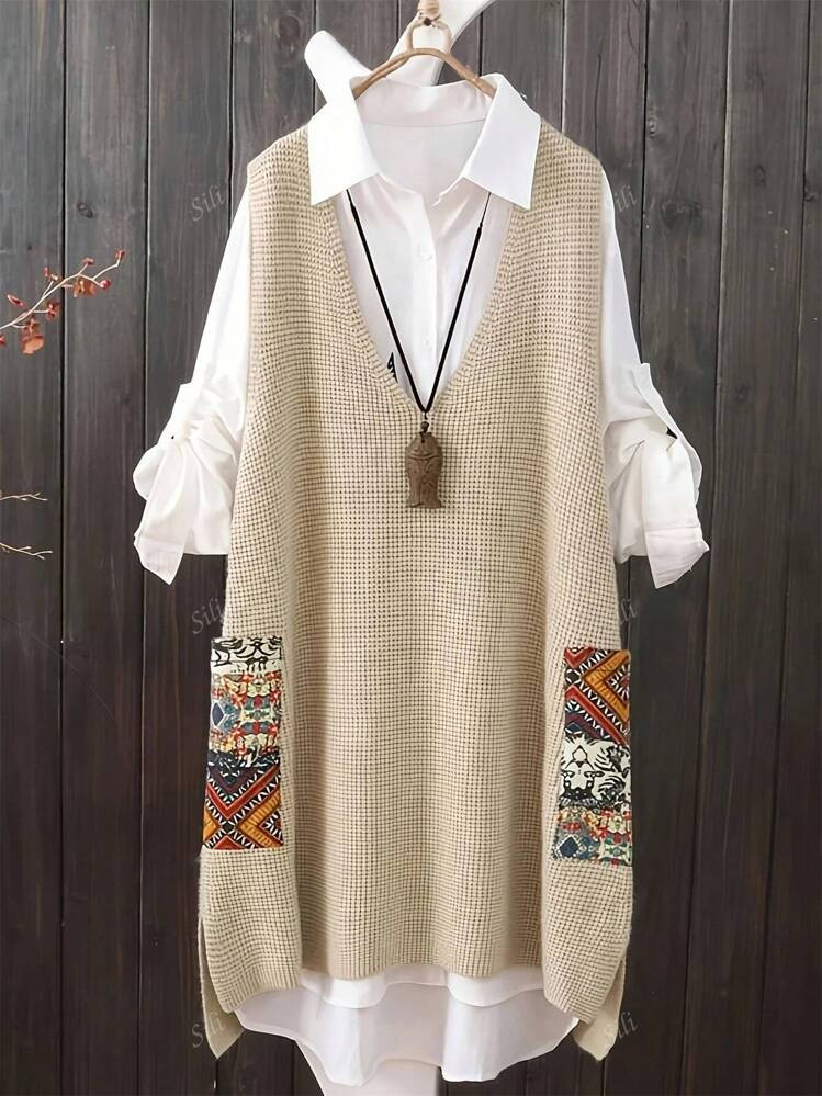 Plus Size Casual V-Neck Random Print Pocket Knitted Sweater Dress | SHEIN