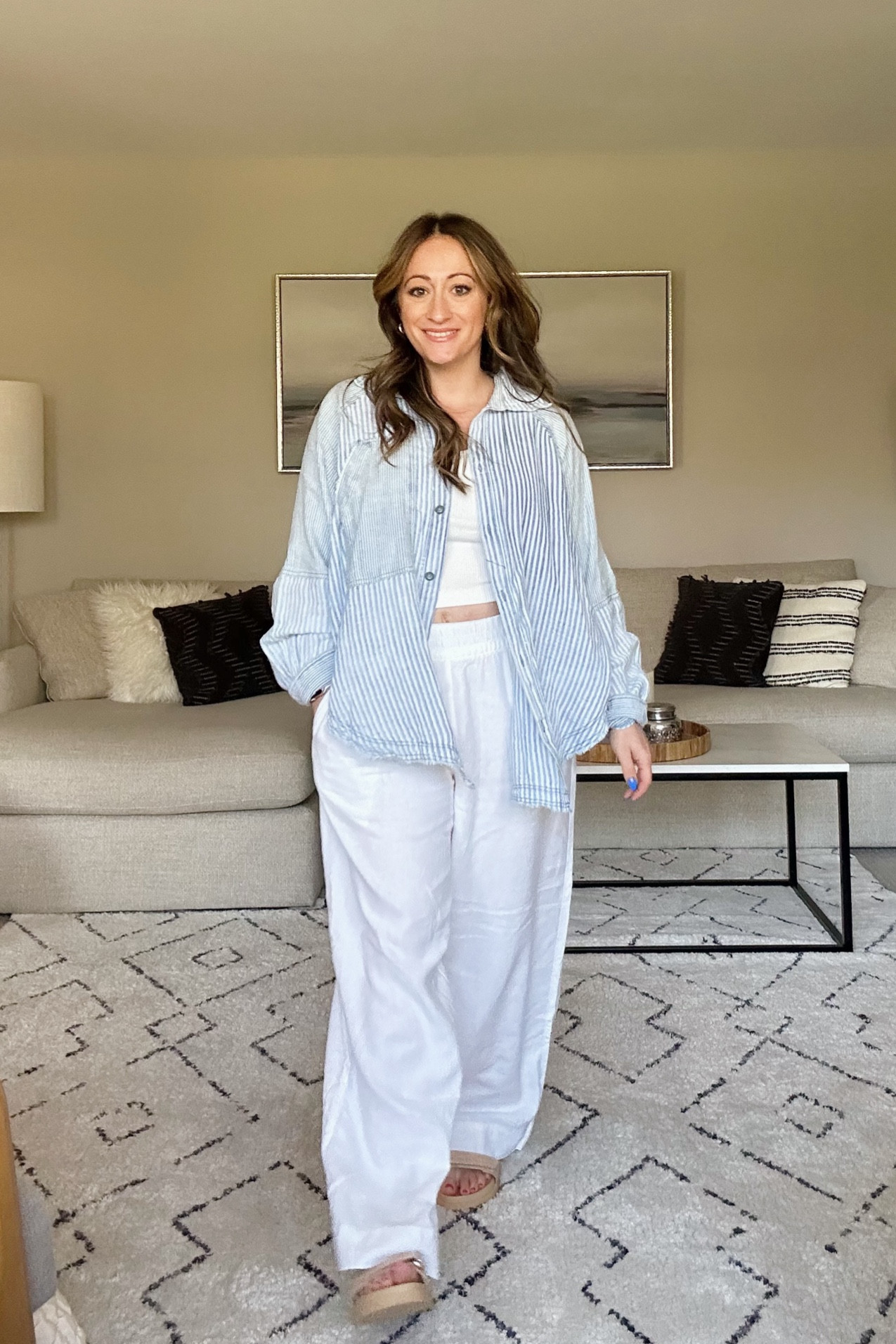 OLD NAVY 
Wearing Medium Petite in these wide-leg linen pants. 
Wearing size XS in Free People top  

#LTKfindsunder50 #LTKsalealert #LTKover40
