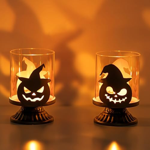 Romadedi Halloween Pumpkin Candle Holder Decor Spooky Hurricane Holders Black Fall Table Decoration Tealight Centerpieces for Party Dinner | Amazon (US)