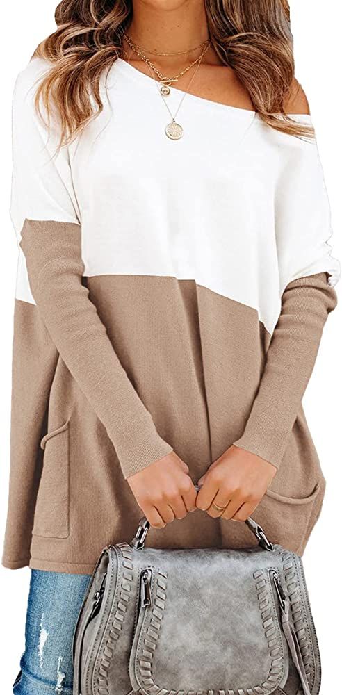 PRETTYGARDEN Women’s Causal Loose Sweater Color Block Knit Pullover Off Shoulder Comfy Jumper Tops | Amazon (US)