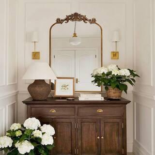 18.9 in. W x 31.1 in. H Ornate Baroque Antique Brass Vintage Stainless Metal Frame Arched Wall Mirror | The Home Depot