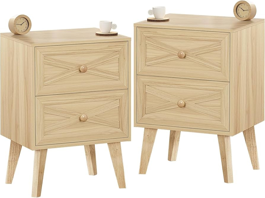 Lerliuo Nightstand Set of 2, Natural End Table with 2 Drawers Barn Door Decorated, Mid Century Mo... | Amazon (US)