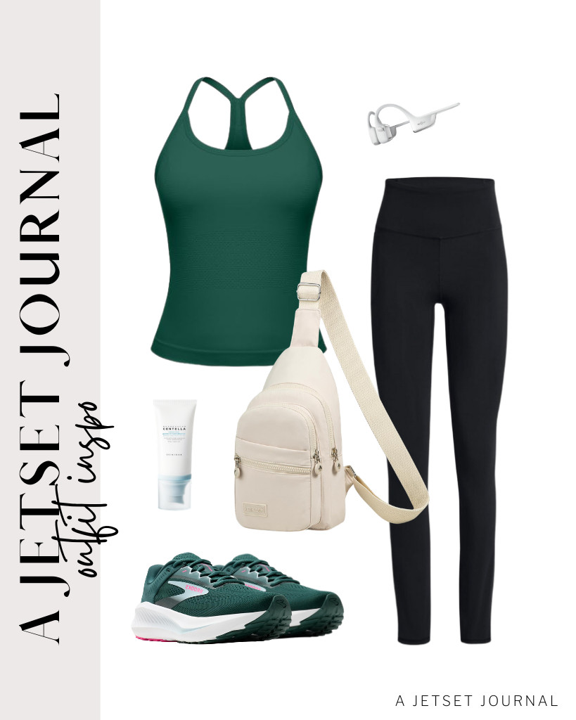 For your last sporty outfit, pair this green MathCat workout top with black high-waisted leggings from SINOPHANT. You can wear these cozy Brooks running shoes and carry this Banelu sling backpack. Complete the outfit with headphones and apply this SKIN1004 serum before heading out.

#LTKSeasonal #LTKSaleAlert #LTKTravel
 

 