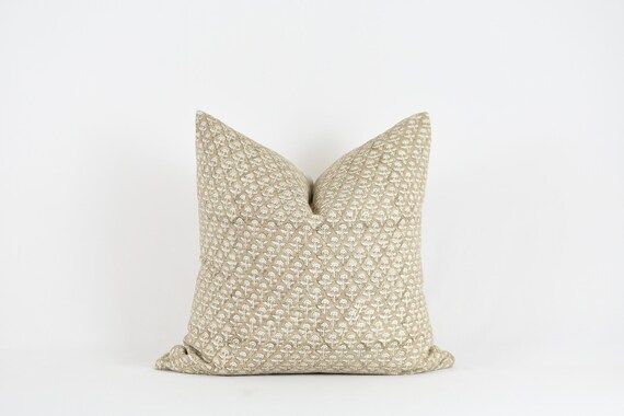 Palm Pillow Woven Linen Tan Small Floral Block Print  - Etsy | Etsy (US)