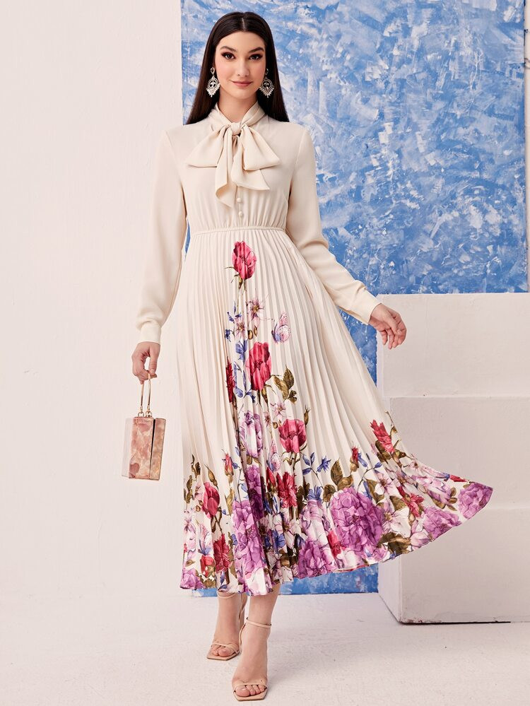 SHEIN Modely Tie Neck Floral Print Pleated Hem Dress | SHEIN